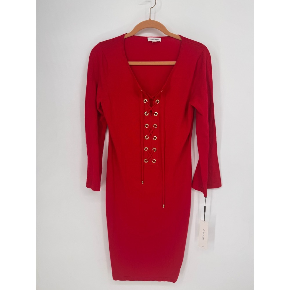 Calvin Klein Sweater Dress Womens Medium Red New Lace Up Grommet CD8W15NE